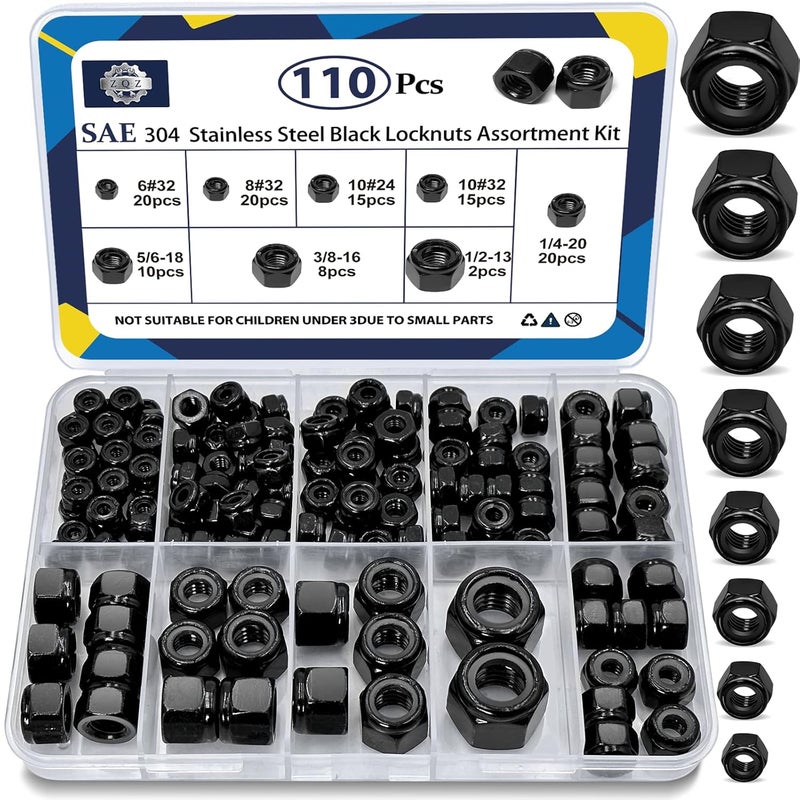 ZQZ 110 Pack Black SAE Nylon Insert Locknuts Assortment Kit, 6#32 8#32 10#24 10#32 1/4"-20 5/16"-18 3/8"-16 1/2"-13 Nylock Nuts Set, 304 Stainless Steel Standard Inch Threaded Black Lock Nuts - Image 1